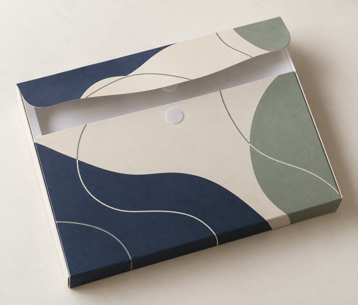Shallow uncoated Sales Presentation Box with rounded Velcro closure flap, shown as an assembled display sample